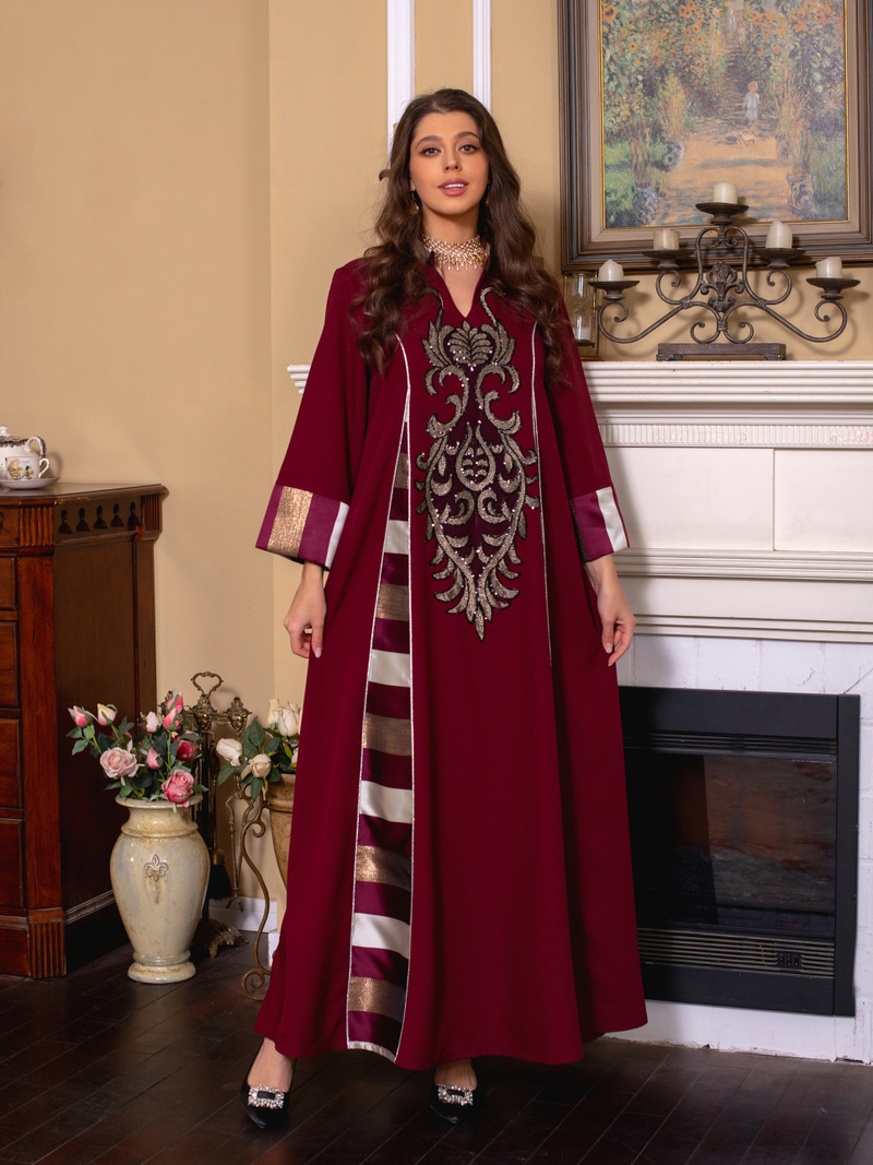 Kvinders broderede stribede abaya muslimske muslimske abaya_voghion.com