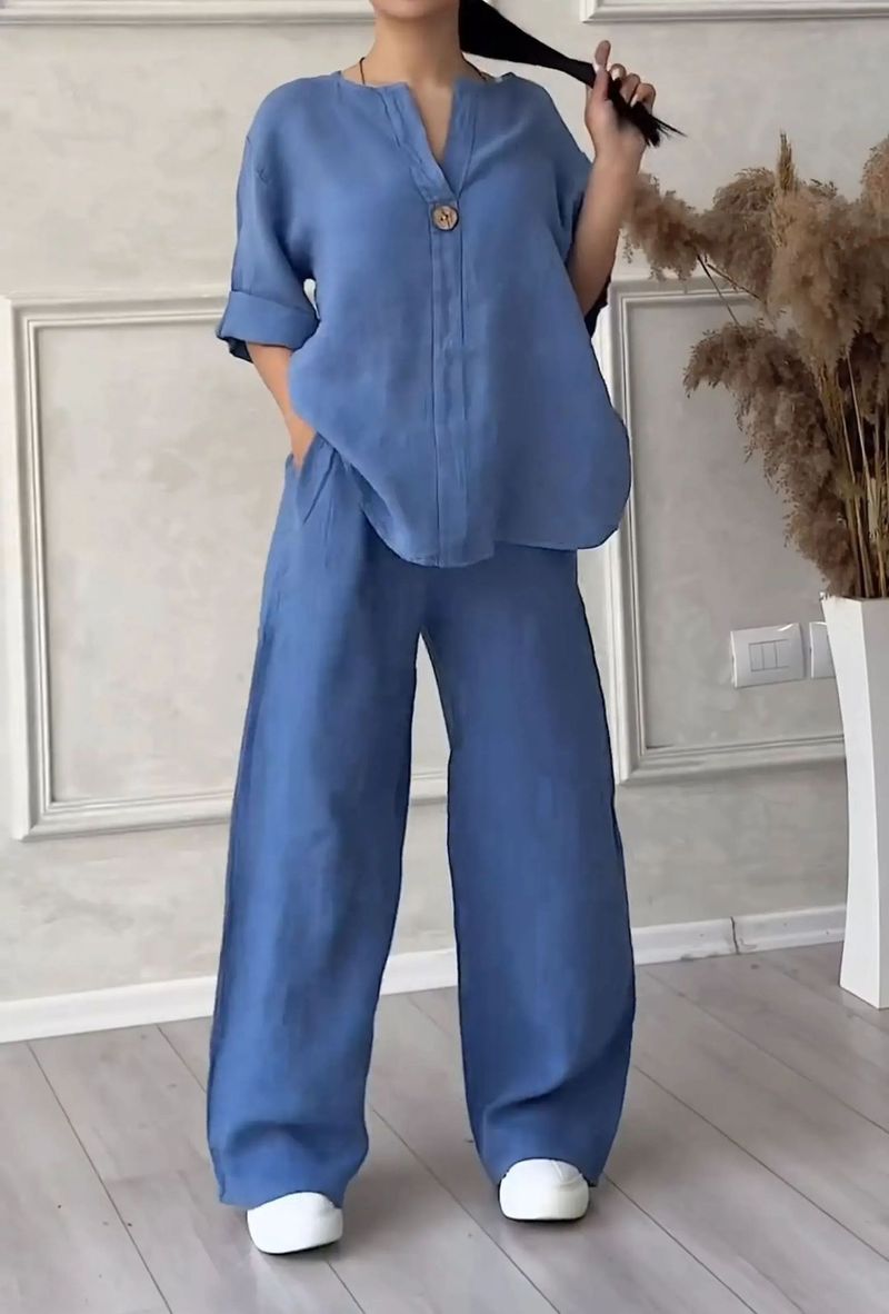 Summer Autumn New Women's 2-Piece Set Plus Size Cotton Linen Shirtsuit Casual Daily High-Waisted Loose-Fit Trousers Set_voghion.com