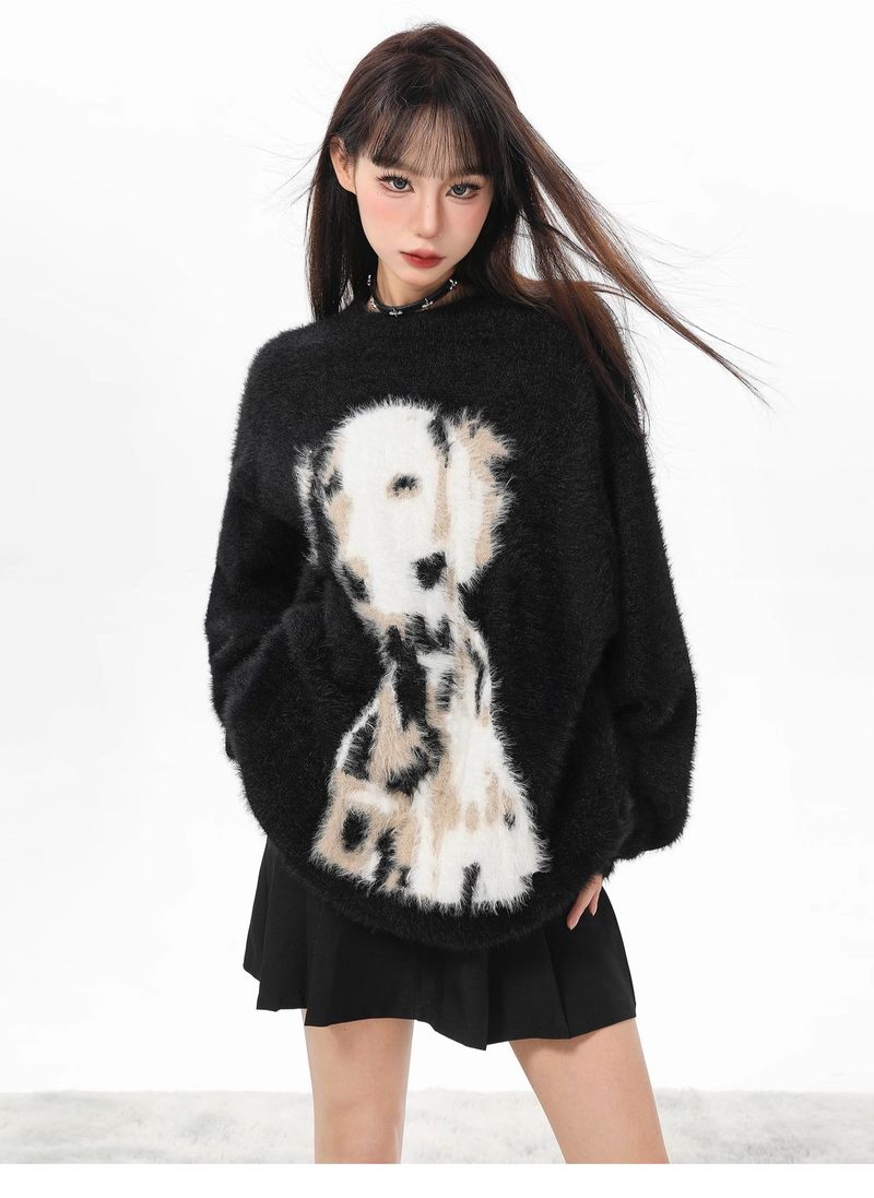 Suéter de terciopelo de visón con lunares negros para mujer, suave y holgado, de mohair, de longitud media, para otoño e invierno._voghion.com