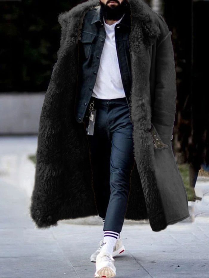 Men's Clothing Men's Long Suede Leather Faux Shearling Coat - Winter Warm Fleece Lined Jacket With Multiple Pockets (Red, Black, Blue, Camel)_voghion.com