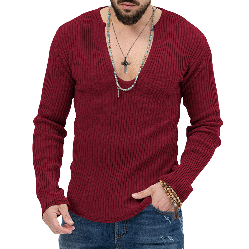 Men's Trendy Spring And Autumn Deep V-neck New Solid Color Knitted Long Sleeve Shirt_voghion.com