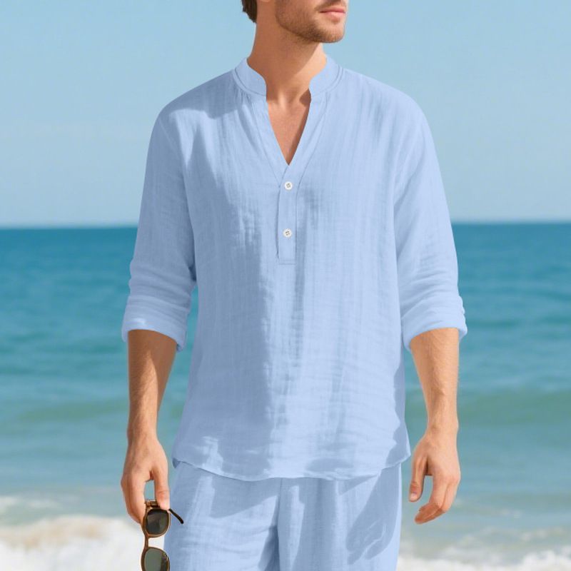 Maglietta a maniche lunghe con scollo a V in lino traspirante per uomo - Vestibilità rilassata, comfort casual, essenziale per l'estate_voghion.com