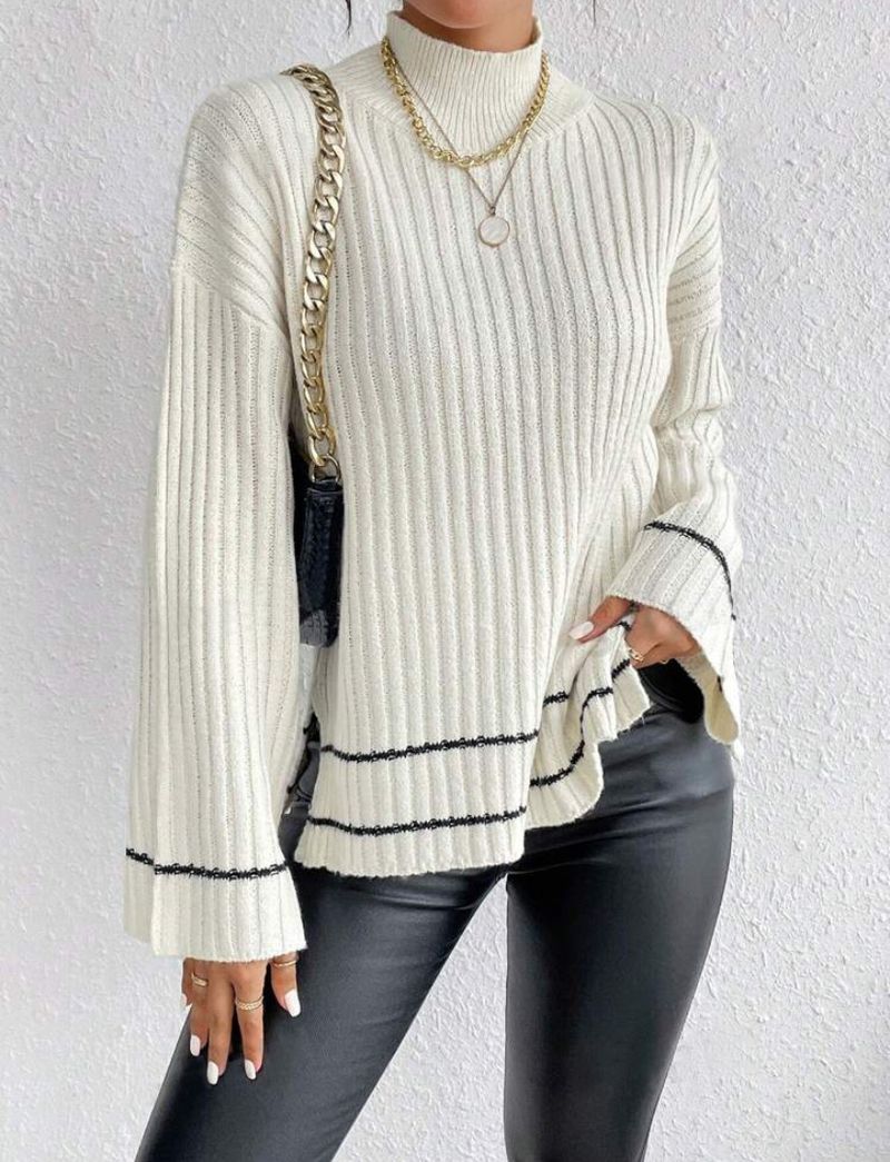 Women's Knit Sweater Long Sleeve Loose Fit Color Block Casual Pullover For Autumn - White, Beige, Black (XS/S/M/L)_voghion.com