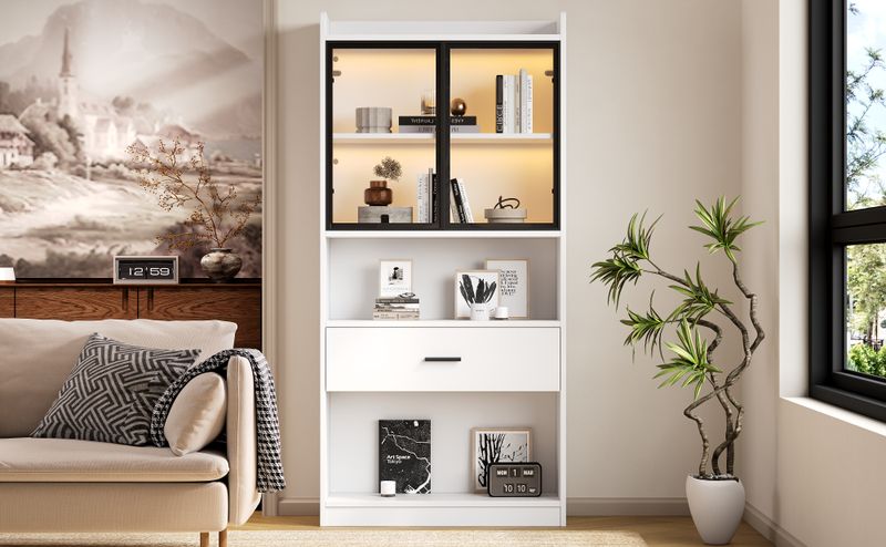 Armoire à curiosités lumineuse, étagères de rangement avec portes vitrées escamotables, grand tiroir et éclairage LED 16 couleurs, vitrine pour objets de collection, bibliothèque de salon, blanche avec cadre noir._voghion.com