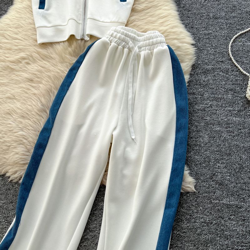 Kadın Giyim Moda Takım Elbise Kadınlar İçin Yaz Aylarında Kot Dikişli Kısa Kollu Fermuarlı Üst + Yüksek Bel Rahat Geniş Paça Pantolon_voghion.com