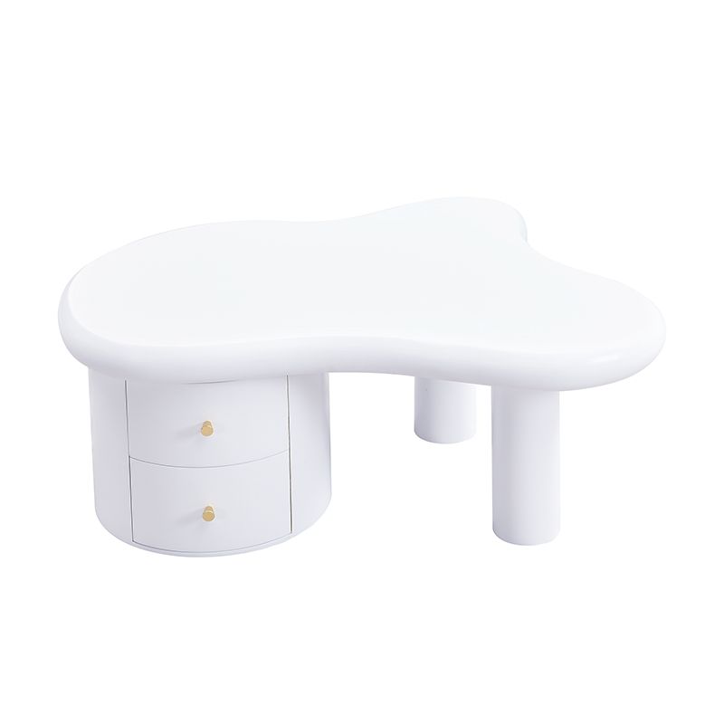 Table basse blanche moderne de forme irrégulière avec 2 tiroirs, design compact et élégant, robuste et pratique pour le salon et une utilisation polyvalente._voghion.com