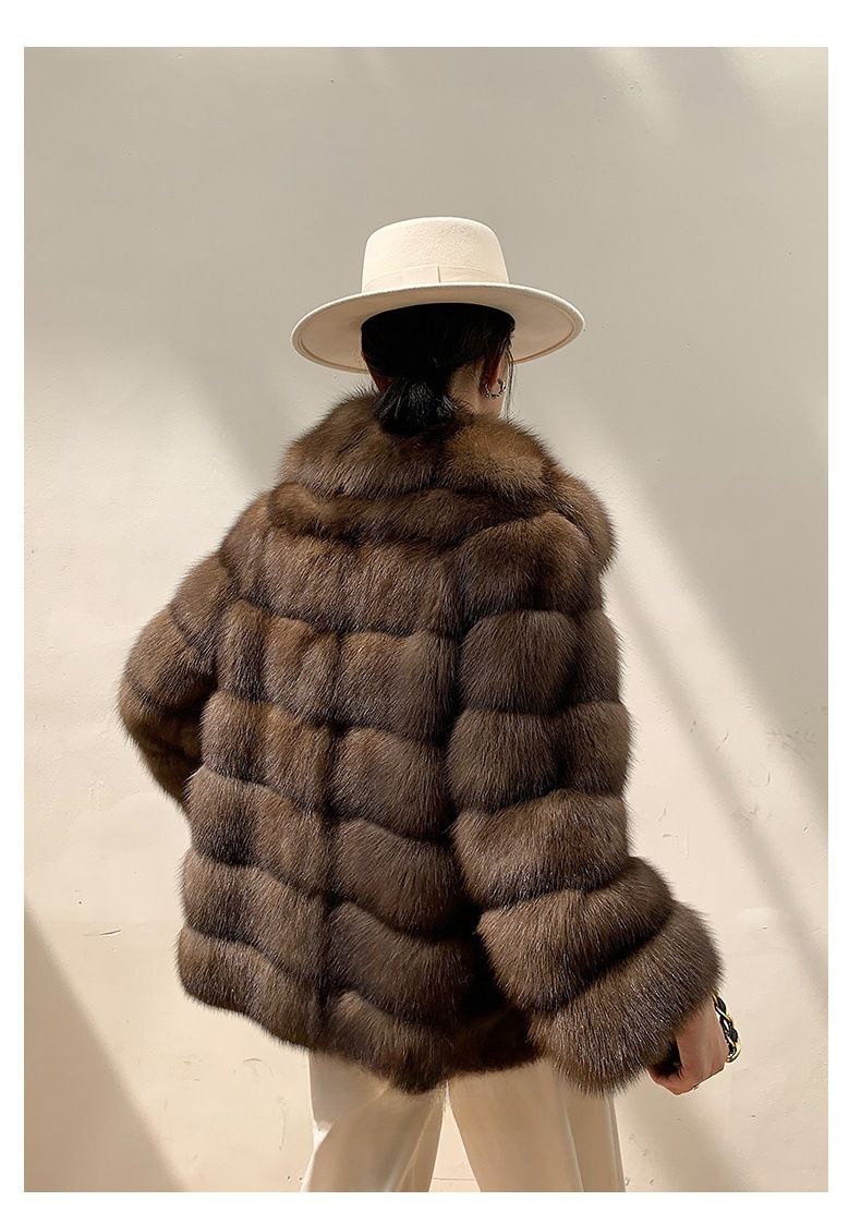 Luxuriöser Kunstnerzmantel mit Sternenmuster - Kurze Winterjacke für Damen, Reverskragen, eleganter Kunstpelzmantel in Kastanienbraun_voghion.com