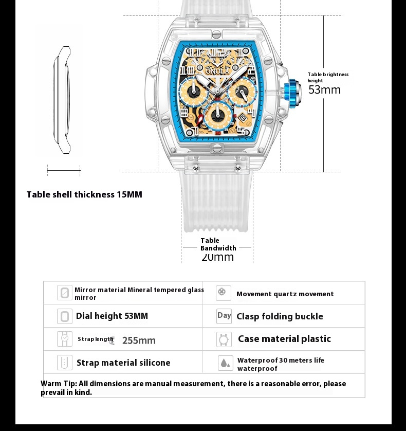 Orologio da uomo con nastro impermeabile al quarzo in plastica ONOLA/Orona con design a botte di vino trasparente_voghion.com