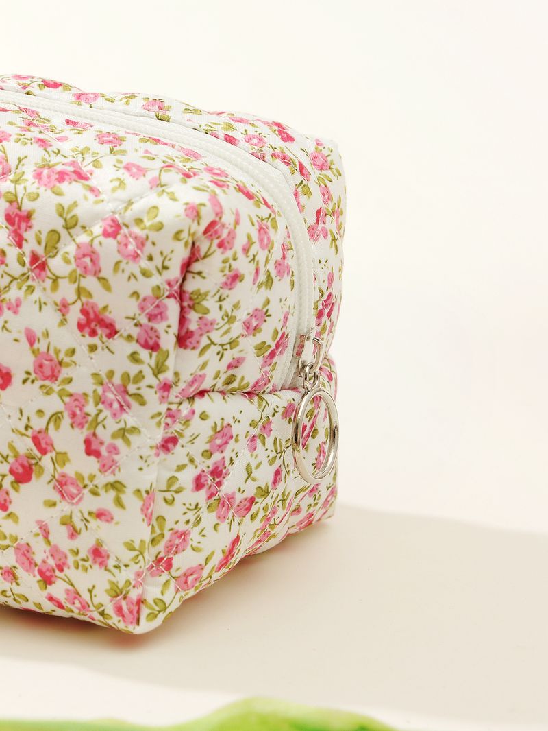 Borsa cosmetica in cotone con motivo floreale, piccola, trapuntata, da viaggio, in cotone, con interno antivento_voghion.com