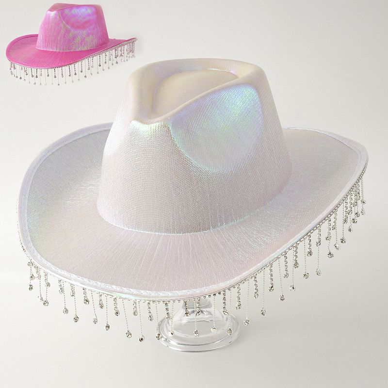 Sombrero de copa unisex estilo Panamá para mujer, de mezclilla neón con borlas de metal y diamantes de imitación, ideal para espectáculos de danza._voghion.com