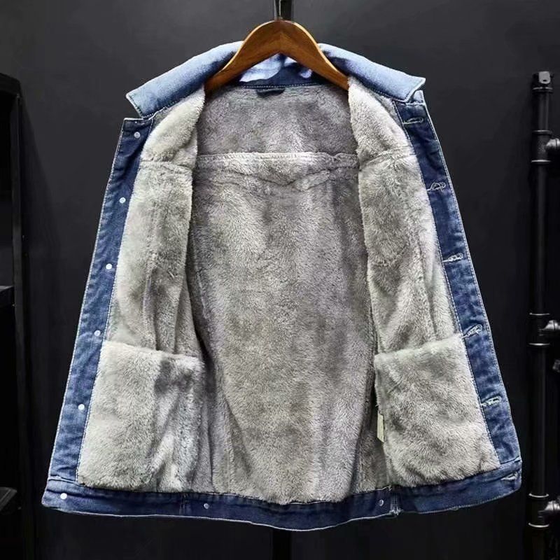 Winter-Jeansjacke mit Fleecefutter für Herren – Locker sitzender Arbeitsmantel mit mehreren Taschen, dicker, warmer Freizeit-Streetwear (Dunkelblau/Hellblau)_voghion.com