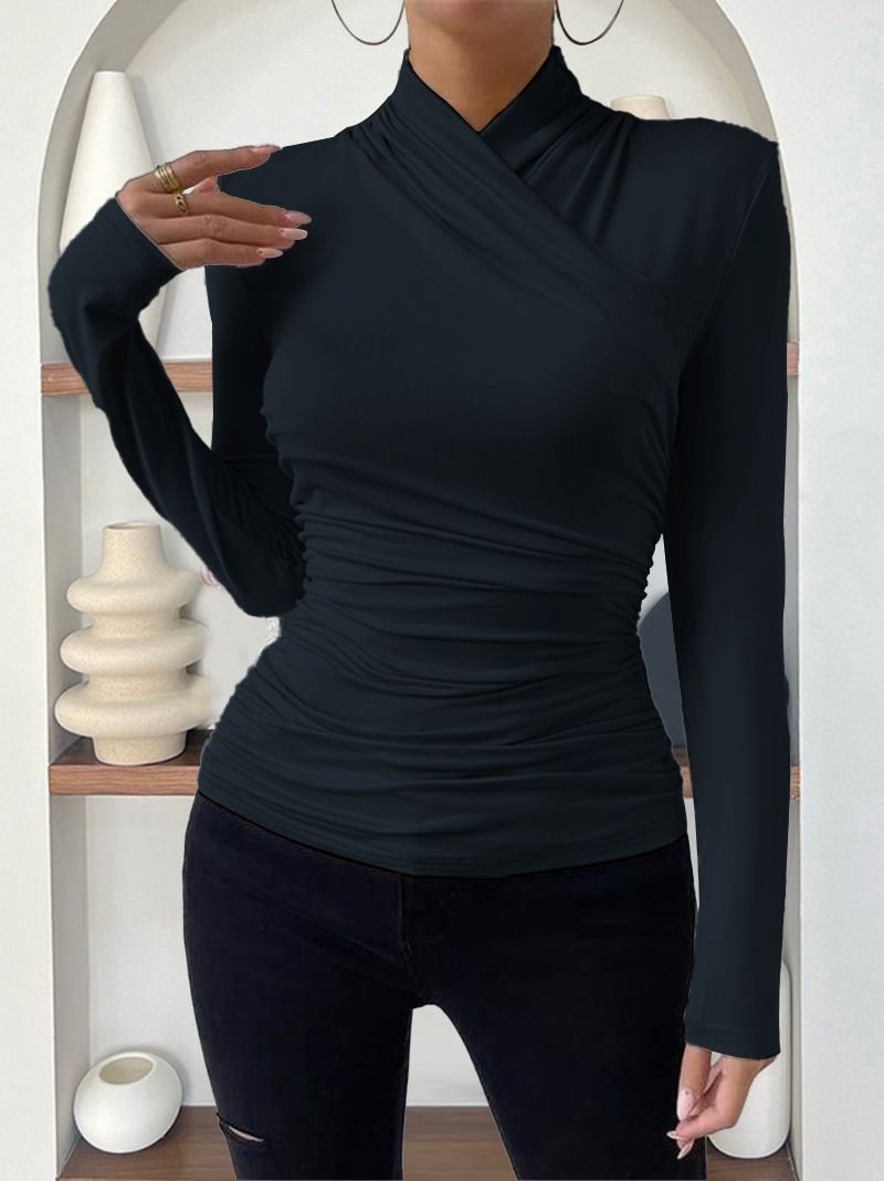 Evropský a americký přeshraniční svetr Podzimní a zimní nový design Sense Cross Colour s dlouhým rukávem Slim All Match Jednobarevné skládané tričko_voghion.com