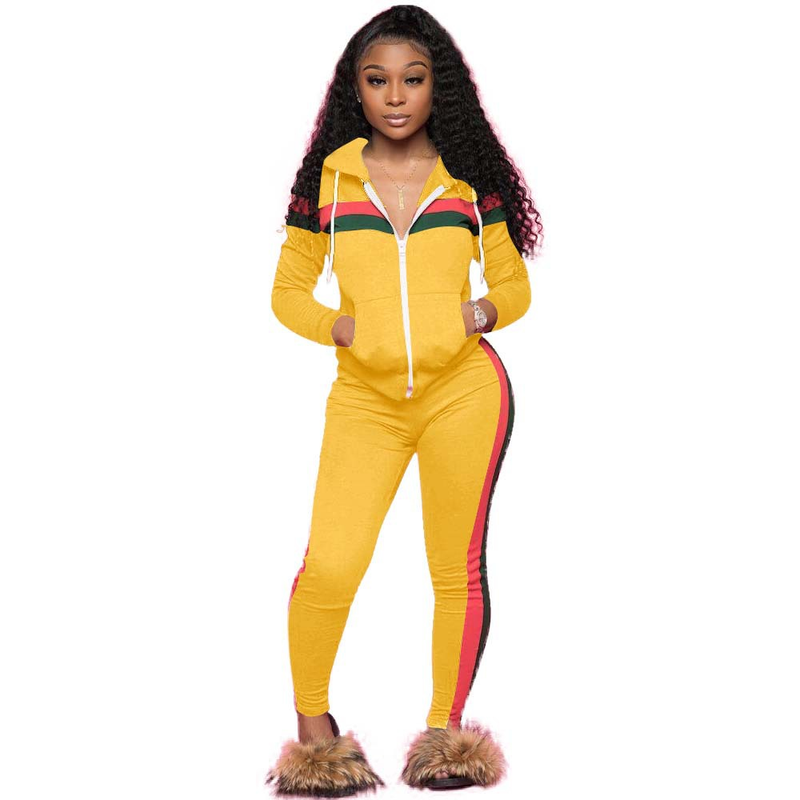 Women's sexy women's clothing stitching casual sports hooded two-piece set_voghion.com