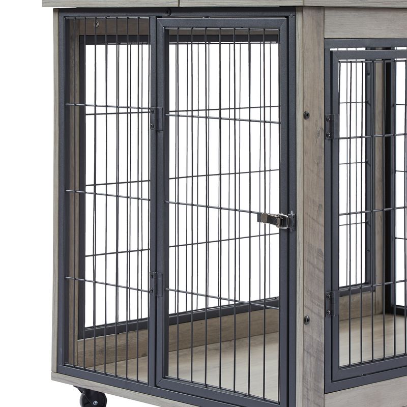 Furniture Style Dog Crate Side Table On Wheels With Double Doors And Lift Top.Grey,38.58''w X 25.5''d X 27.36''h._voghion.com