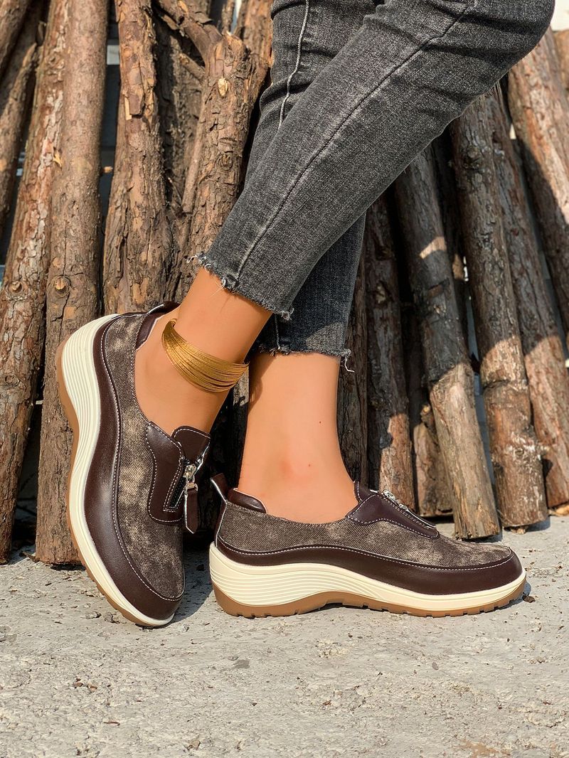 Damenschuhe große Freizeitschuhe farblich passende Leopardenmuster Keilabsatz dicke Sohle runde Zehen Slip-On-Schuhe_voghion.com