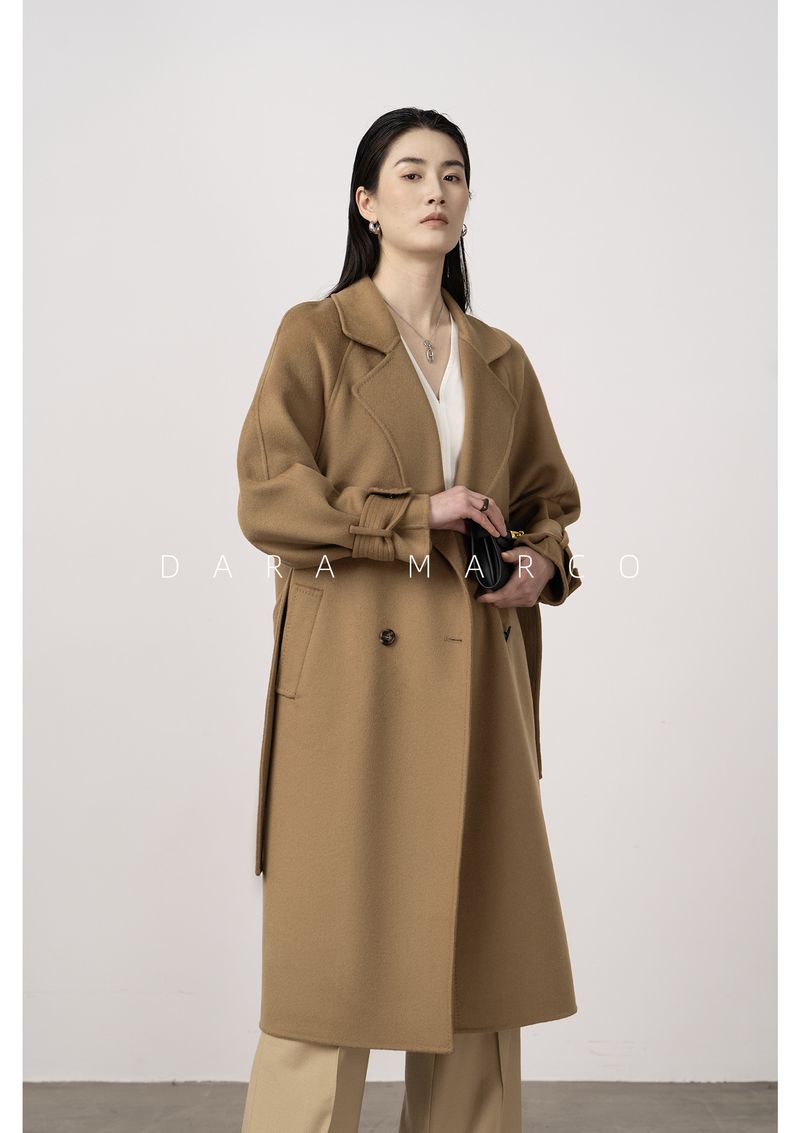 Trench double-face di lusso in misto cashmere e seta per donna – Elegante design con spalle scese, cappotto lungo aderente con drappeggio lusinghiero_voghion.com