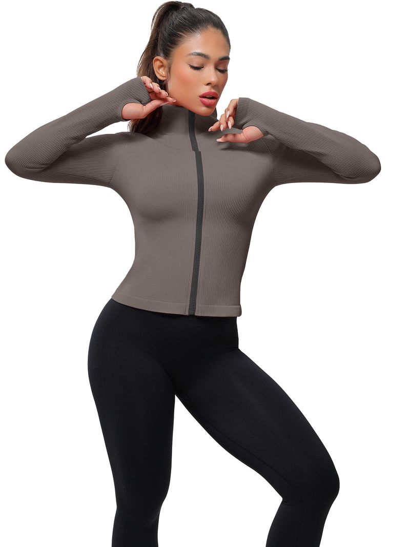 001 Cross-Border European And American Style Ribbed Long Sleeve Stand Collar With Front Zipper, Finger Sleeve, Slim Fit,_voghion.com