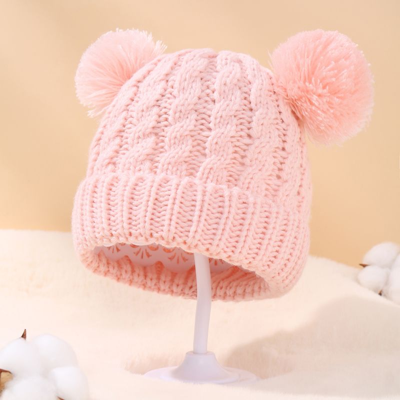 Cappello per bambini con doppia palla in filato acrilico twist in tinta unita per abbigliamento per bambini_voghion.com