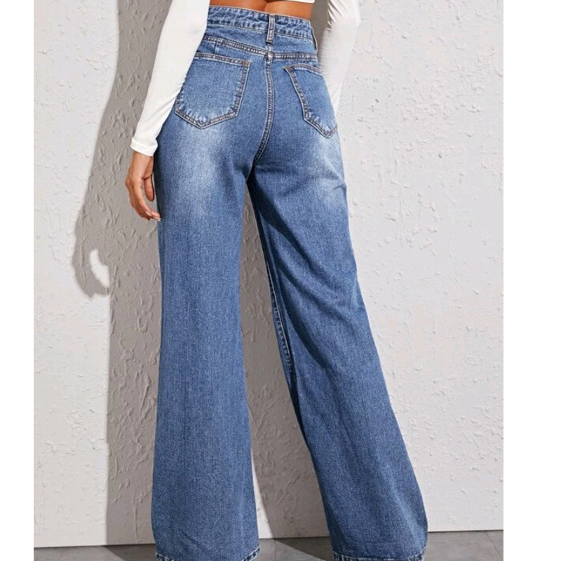 Abbigliamento da donna in vendita Jeans larghi a vita alta e gamba larga con baffi di gatto lavati e scimmia artigianali per le donne_voghion.com