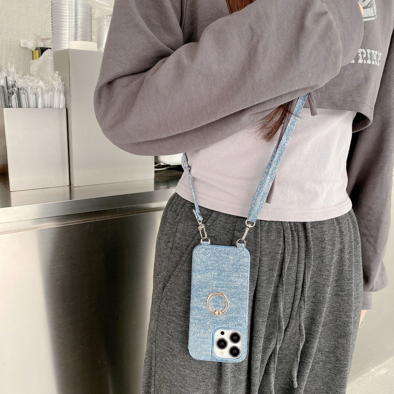 Mobile phone case Suitable for iPhone15 mobile phone case, Apple 14pro denim pattern two-fold card ring buckle diagonal mobile phone case_voghion.com