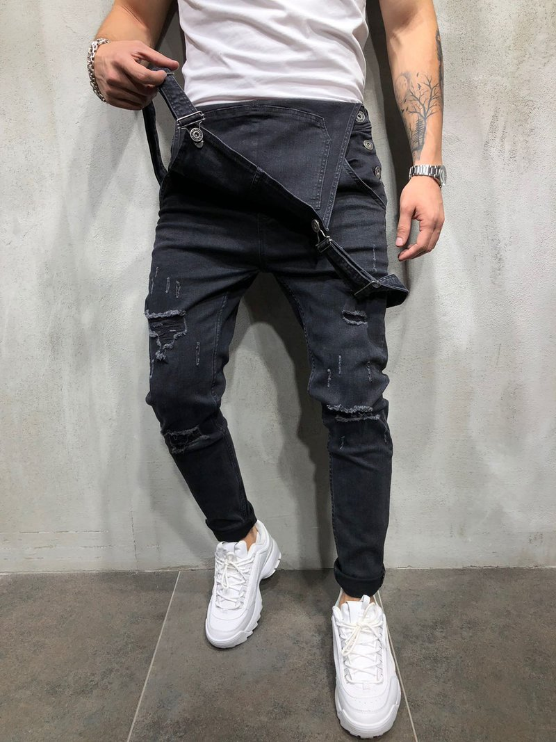 Erkek Giyim Moda Erkek Askılı Tulum Yıpranmış Erkek Dış Ticaret Kot Pantolon Tulum_voghion.com