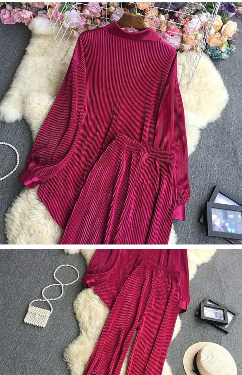 Damen Moud propper Faarf Hemd Zwee-Stéck Set vun Héichtaille Vertikal Vertikal Breetbeenhosen_voghion.com