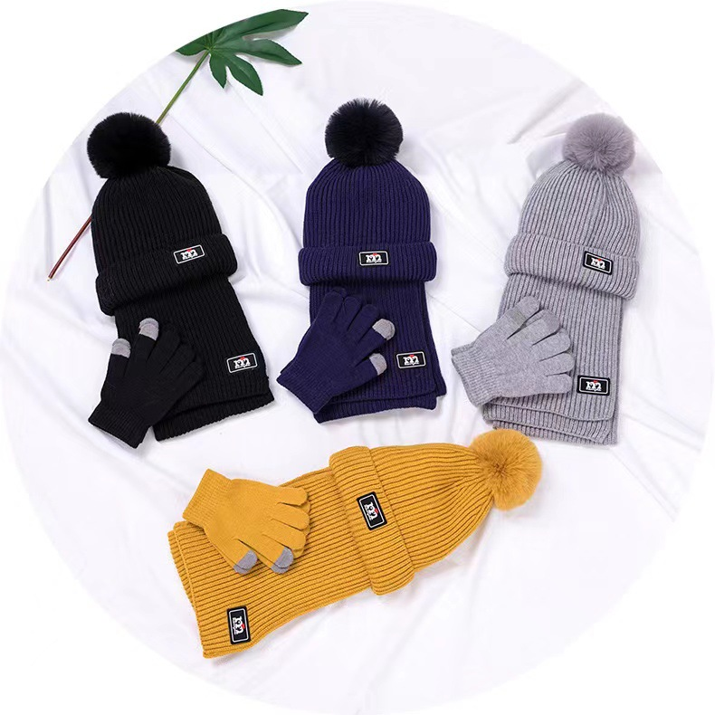 Simple M label children's wool autumn and winter new children's hat scarf gloves three piece set solid color warm_voghion.com