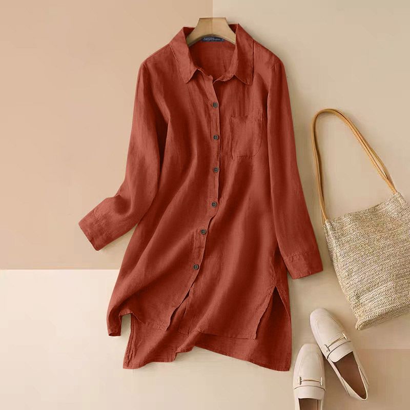 Camicia da donna in cotone sciolto con scollo a V, manica lunga, orlo a fessura, camicia oversize alla moda retrò_voghion.com