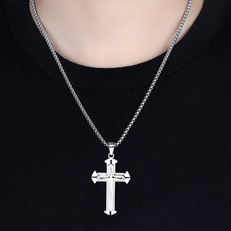 2023 Sieraden Hip Hop Titanium Staal Trendy Heren Hanger 3D Kruis Ketting_voghion.com