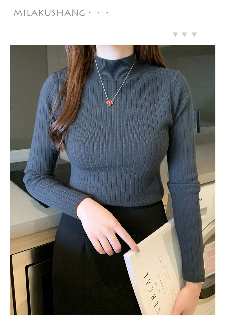 Autumn Winter New Women's Half-Polo Turtle Neck Knit Sweater Solid Color Base Layer Top Inner Outer Wear Stylish Medium Length_voghion.com