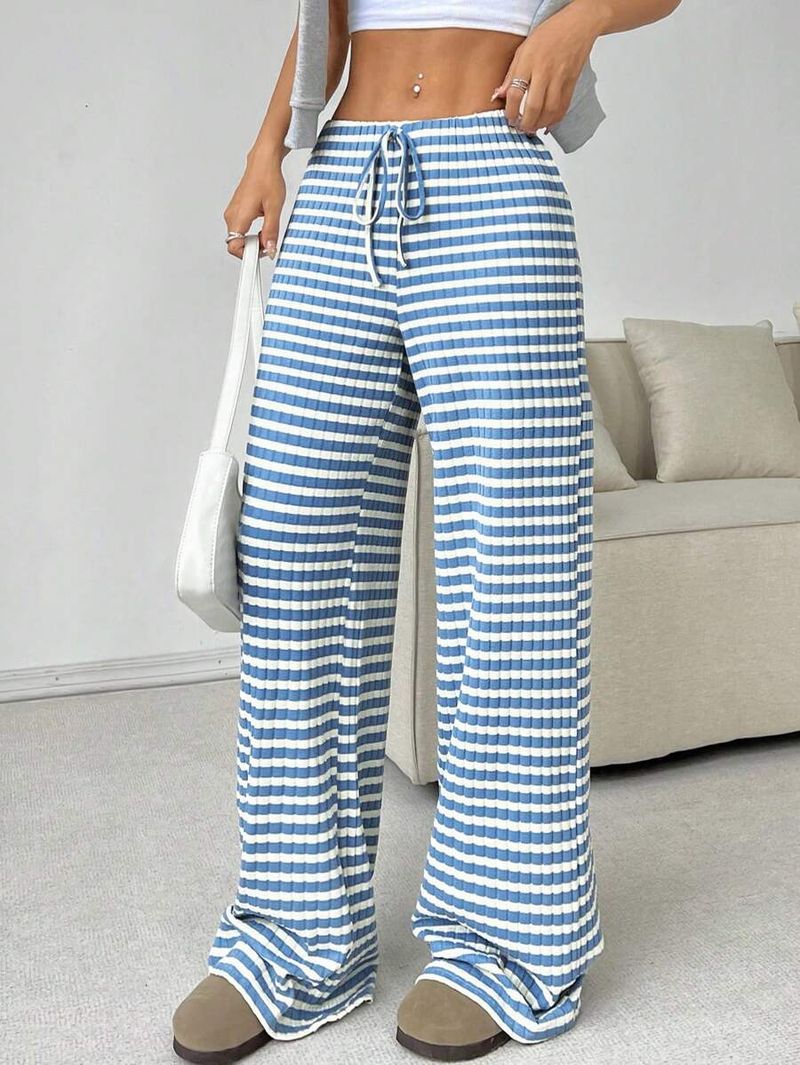Dameskleding Lente en herfst Dames gestreepte elastische hoge taille gebreide trekkoord casual draperende joggingbroek_voghion.com