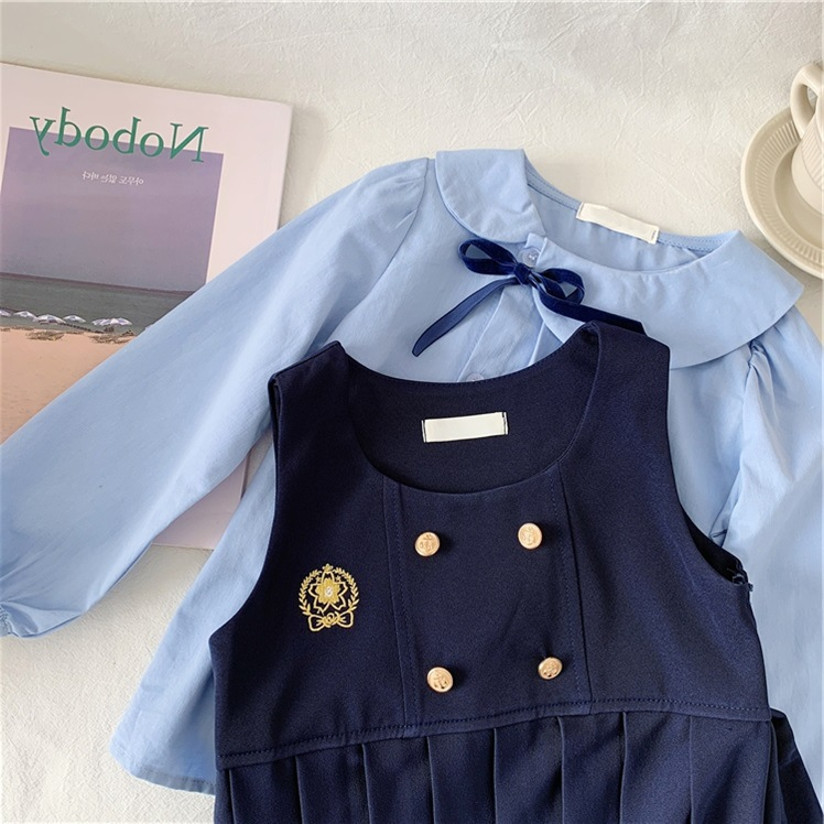 Abbigliamento per bambini, set autunnale per ragazze, graziosa camicia universitaria feng shui+gonna gilet in stile britannico blu navy_voghion.com