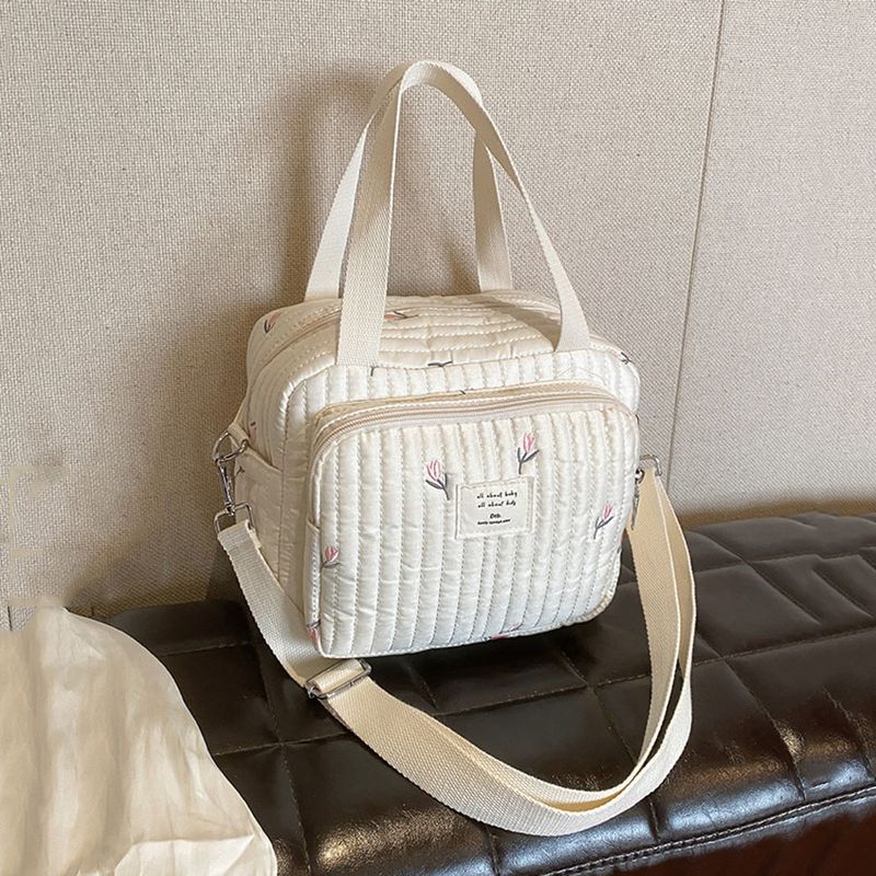 Söpö karhukukka-kirjontakuvio vauvan beige puuvillakangasta vetoketjullinen vaippalaukku uusi matkatavaralaukku_voghion.com