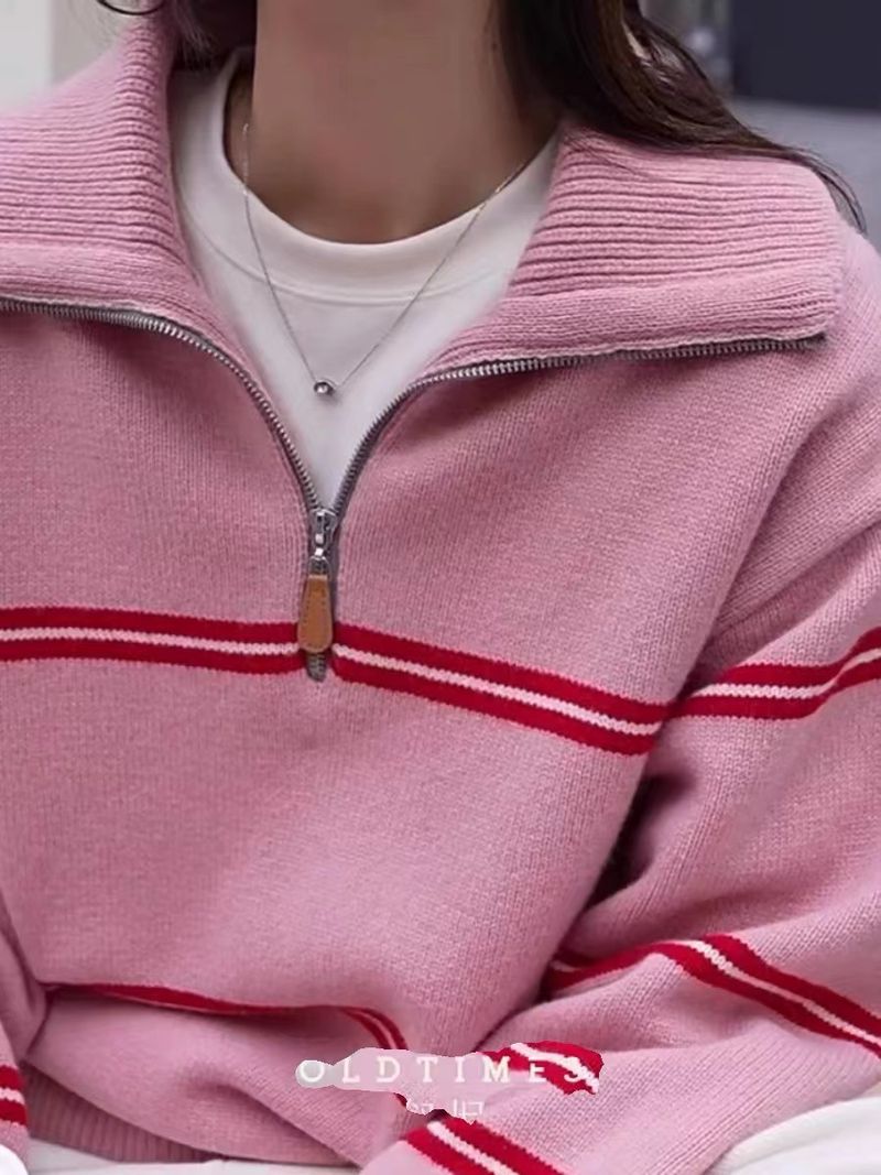 Wolle Koreanischen Stil Gestreiften Half-Zip Polo Kragen Pullover Für Frauen 2024 Neue Lose Faul Gestrickte Top_voghion.com