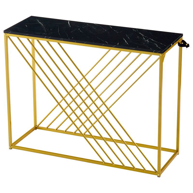 Console noire avec pieds dorés, 100 x 35 x 77 cm, table d'entrée en MDF brillant, table de couloir, buffet, table d'appoint, style vintage_voghion.com