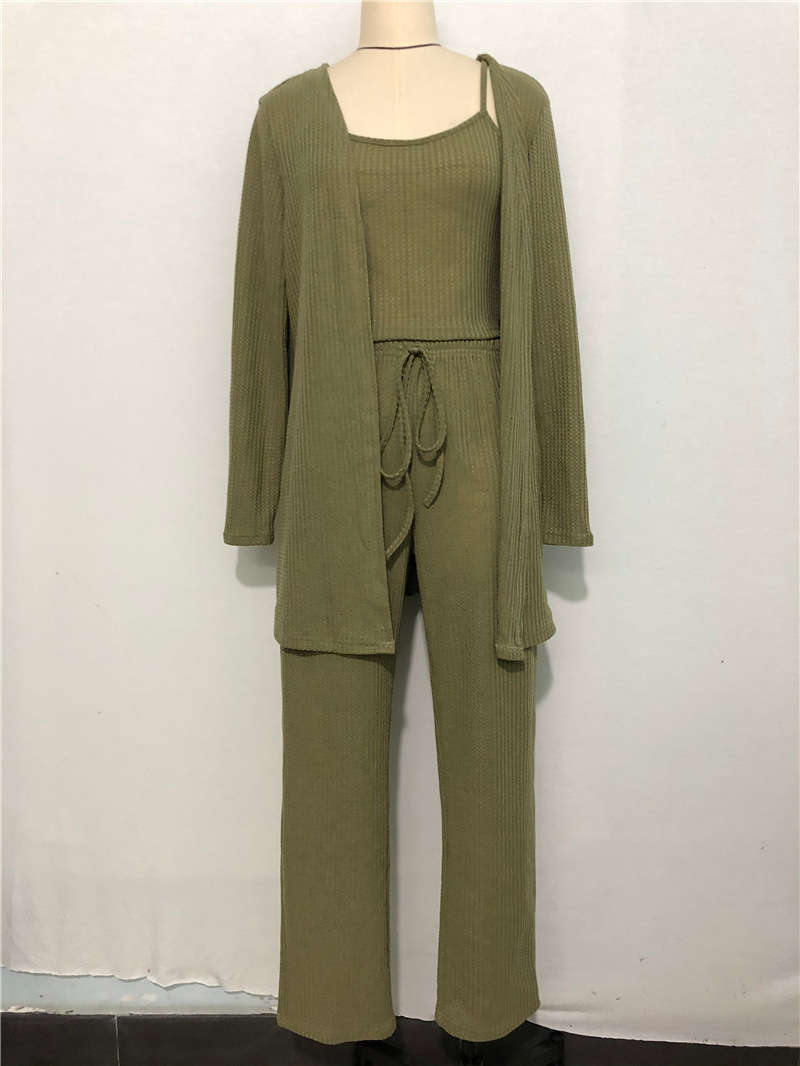 Women's home wear women's Waffle knit halter top trousers robe pajamas three sets_voghion.com