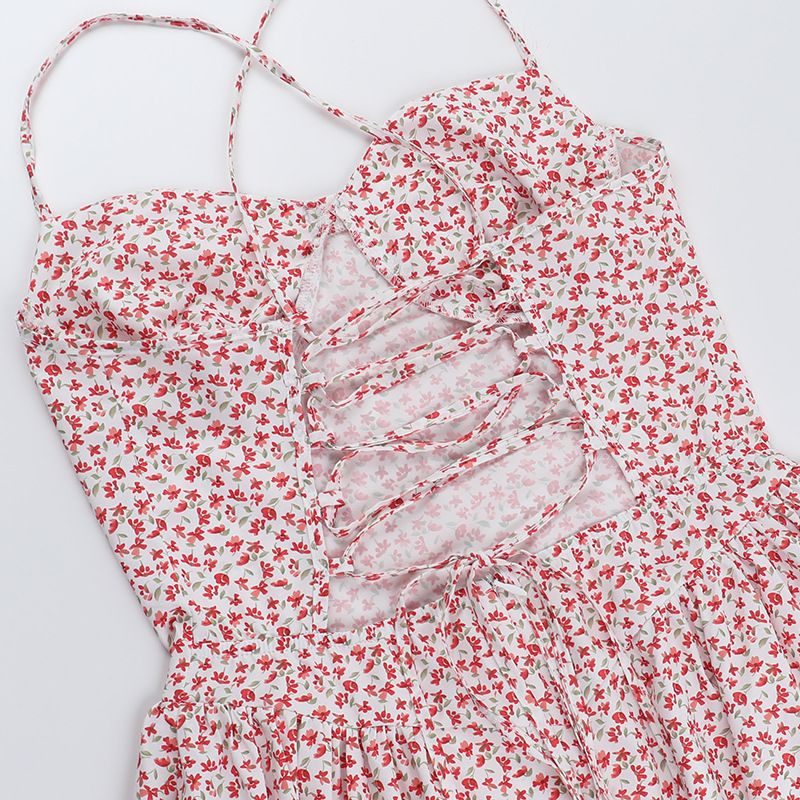 Damenbekleidung Kurzer Rock Blumen Rückenfrei Träger A-Linie Schlankheits-Hosenträgerkleid Sommer_voghion.com