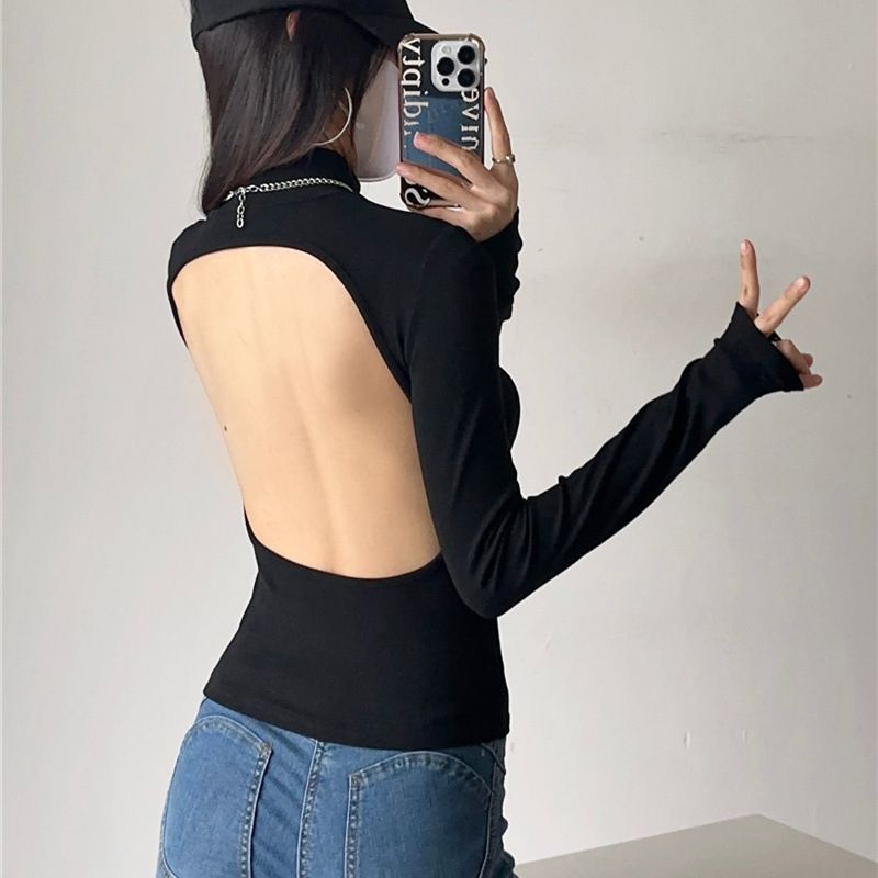 Sexy rugloze, halfhoge hals, pittige meisjes, lange mouwen T-shirt, lente, slanke pasvorm en afslankend onderstuk voor vrouwen_voghion.com