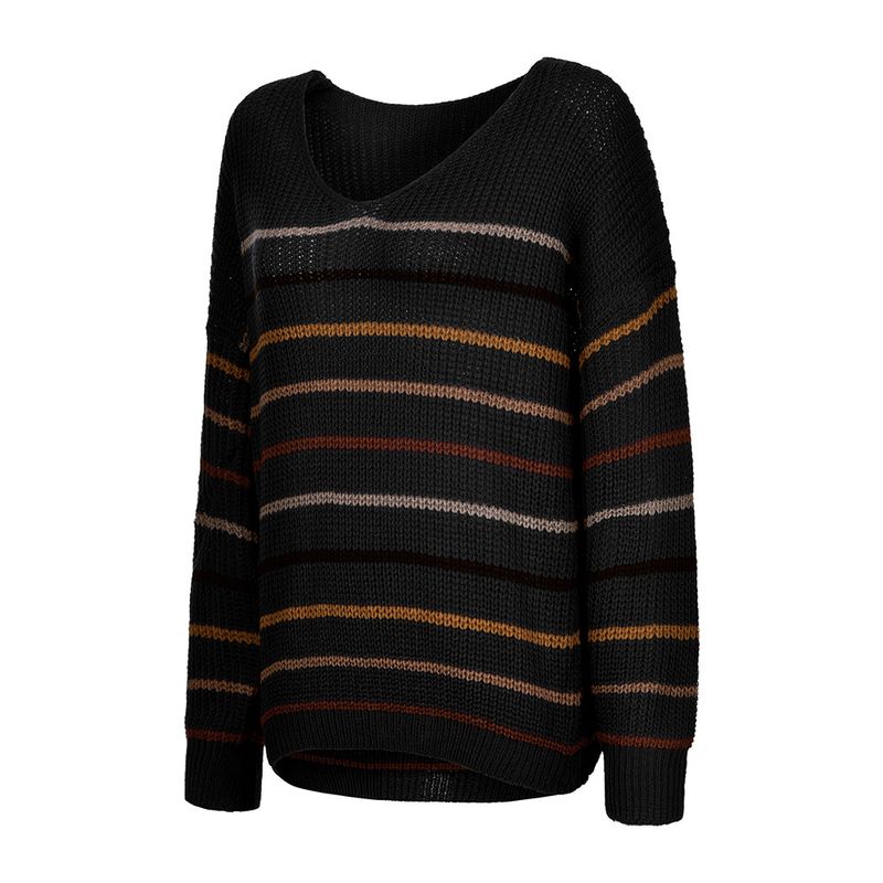 Maglione casual ampio lavorato a maglia con scollo a V a righe autunno inverno 2024 da donna_voghion.com