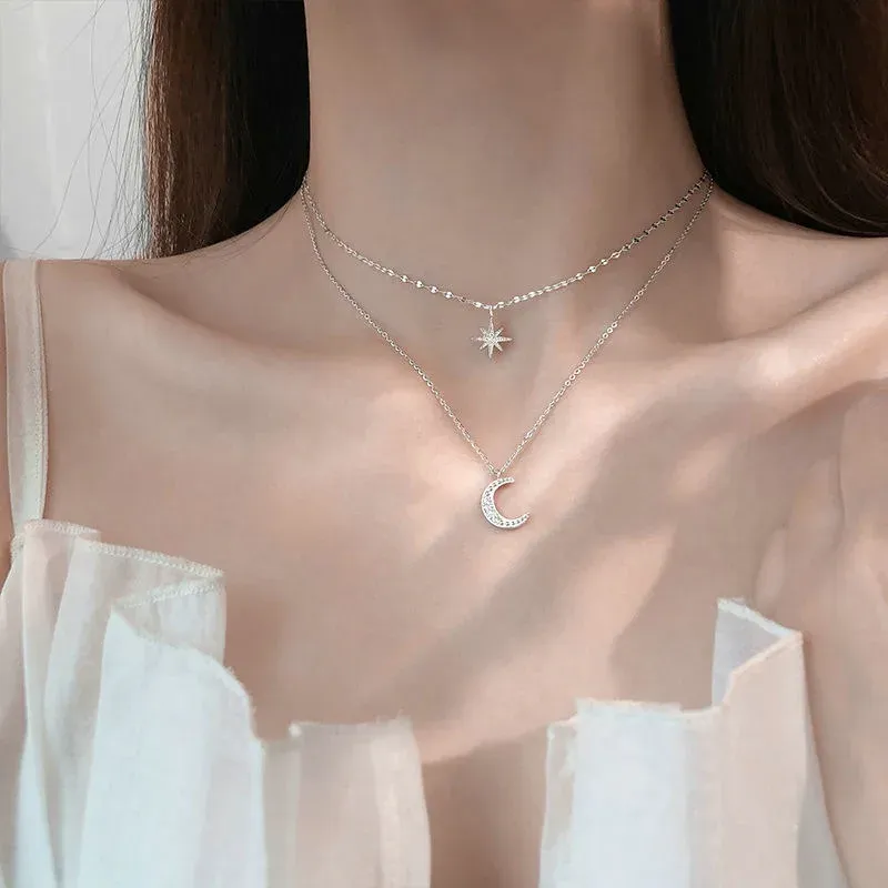 Ready Stock Sier pro ženy Dvojitá vrstva Zirkon Hvězda Měsíc Přívěsek Náhrdelník Jemný řetízek Elegantní módní šperky Dárky_voghion.com