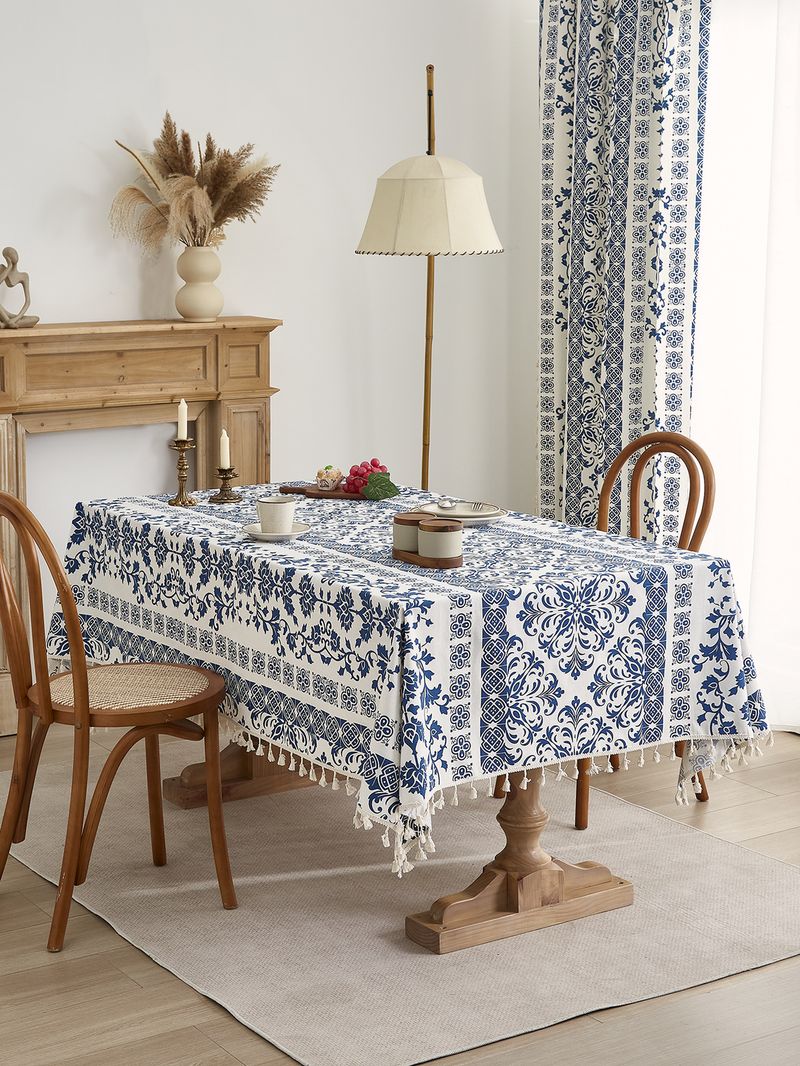 Tovaglia in porcellana blu e bianca – 59% cotone e 41% poliestere, antiscivolo e resistente al calore (rettangolare, 150x100 cm/150x300 cm)_voghion.com