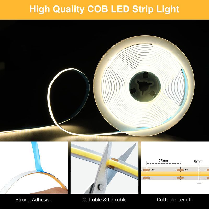 Elastyczna taśma świetlna LED COB 5 V USB z przełącznikiem – ciepła biel/zimna biel, 252 diody LED/m, 24 W, do oświetlenia szafek, luster, dekoracji do pokoju gier_voghion.com