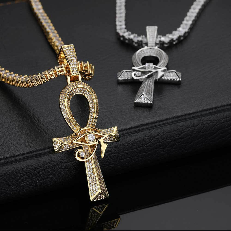 Hip Hop Oog van Horus Ankh Kruishanger Micro-inzet zirkoon retro persoonlijkheid kettingaccessoires_voghion.com