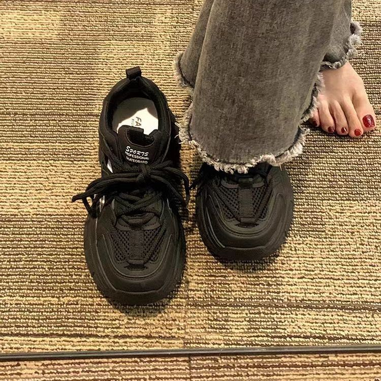 Zapatos de papá para mujer, estilo primavera/verano/otoño 2023, con suela gruesa y superficie de malla resistente a la rotura._voghion.com