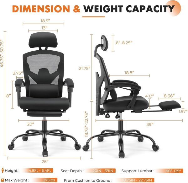 Office Computer Desk Chair With Footrest,Ergonomic High-Back Mesh Rolling Work Swivel Chairs With Wheels,Comfortable Lumbar Support,Comfy Arms For H_voghion.com