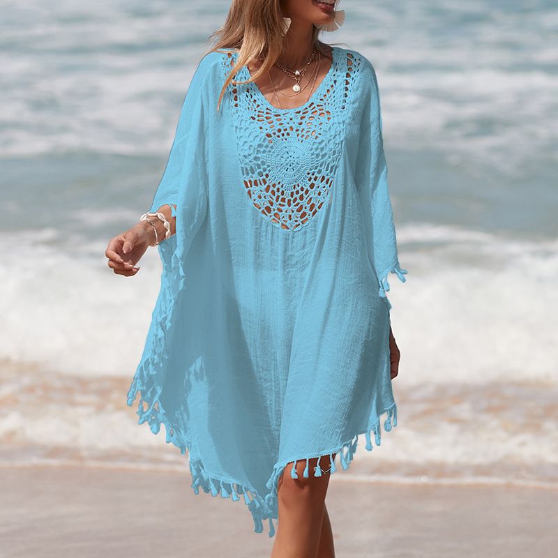Gehäkeltes Strandkleid – Kurzes Boho-Kleid mit Fransenbesatz (Einheitsgröße, Badebekleidungs-Wickelkleid, Resort-Kleidung, UV-Schutz)_voghion.com