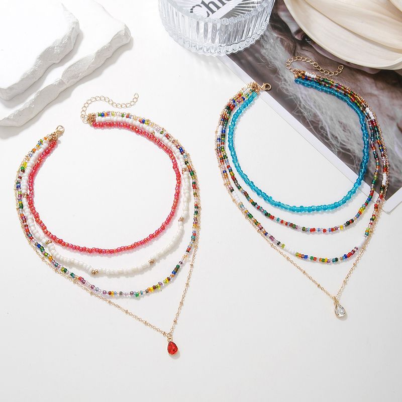New Bohemian style pearl multi-layer colorful rice collarbone chain color blocked bead stacking necklace_voghion.com
