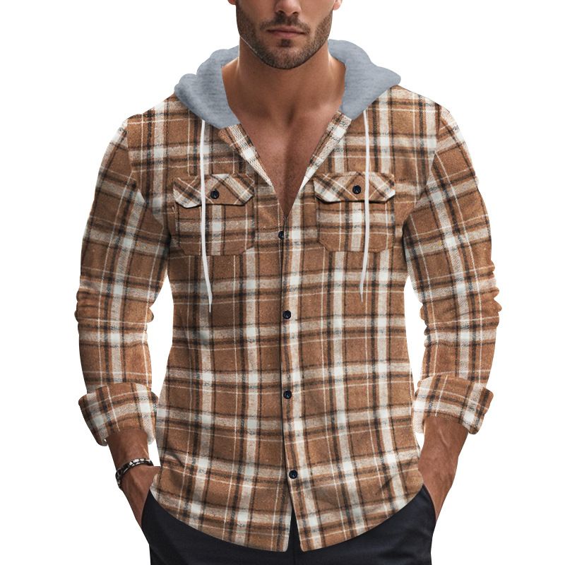 Herrenbekleidung Retro Herbst und Winter Kariertes Hemd Mit Kapuze Flanell Jacquard Freizeithemd_voghion.com