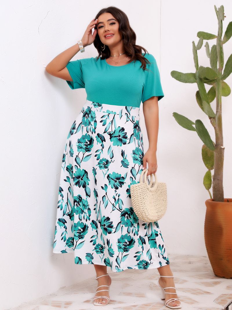 Damenbekleidung in Übergröße, elegant, bedruckt, mit Nähten, Rundhalsausschnitt, Taille, großes Swing-Kleid_voghion.com