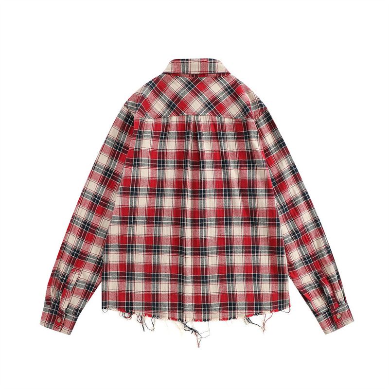 Herrenbekleidung, kontrastfarbenes Karo-Langarmhemd mit kontrastfarbenem Besatz, entspannte Passform, lässiges Streetwear-Hemd mit Knopfleiste im Used-Look für den Herbst_voghion.com